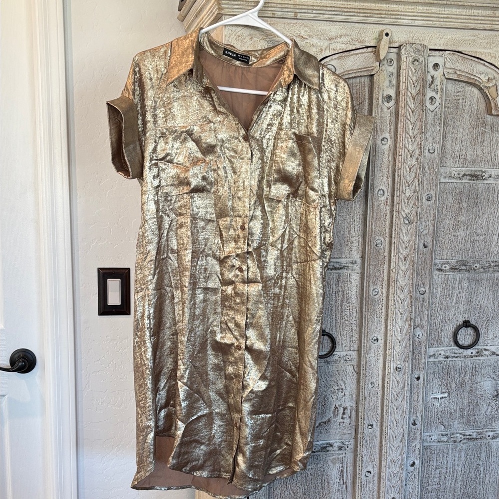 SHEIN Metallic Gold Shirt Dress